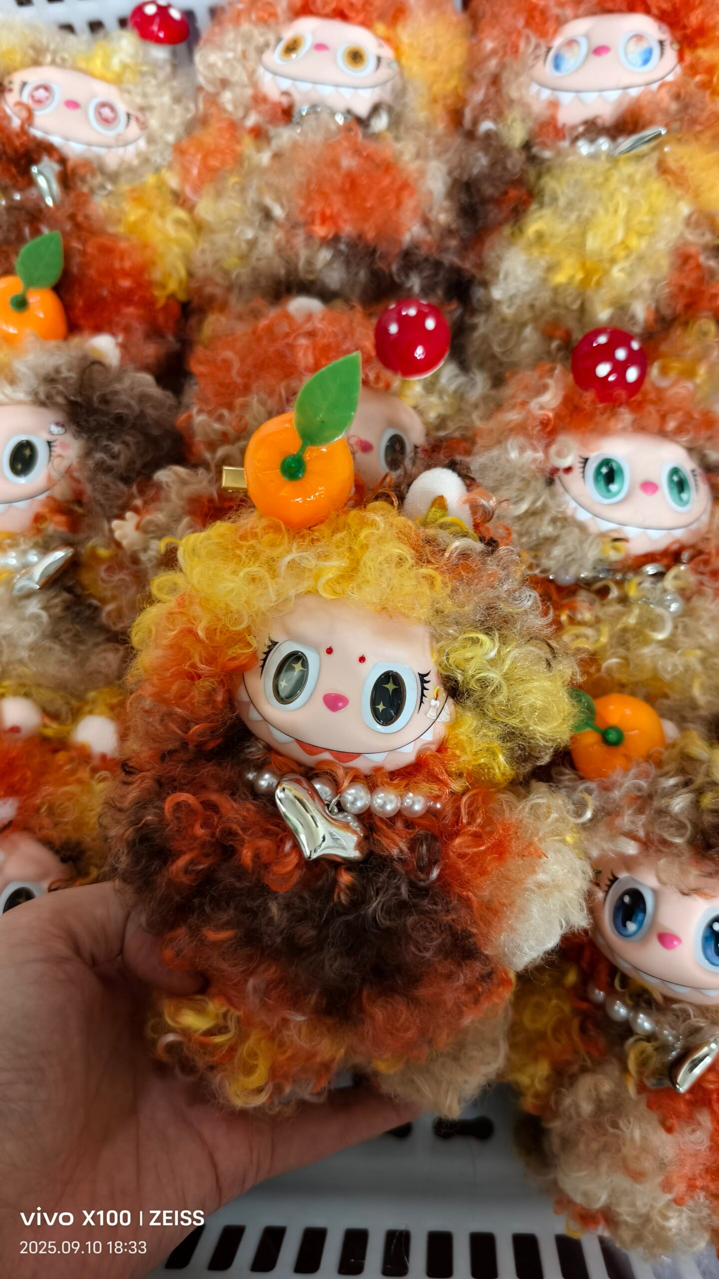 18cm Custom Orange&Mushroom Curly Hair Labubu vinyl plush pendant