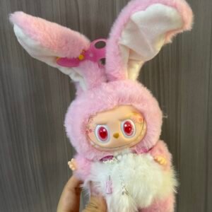 17cm Custom Pink White Bunny Labubu With Hair Clips vinyl plush pendant