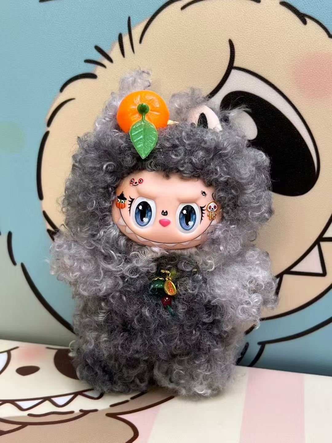 18cm Custom Orange Grey Curly Hair Labubu vinyl plush pendant