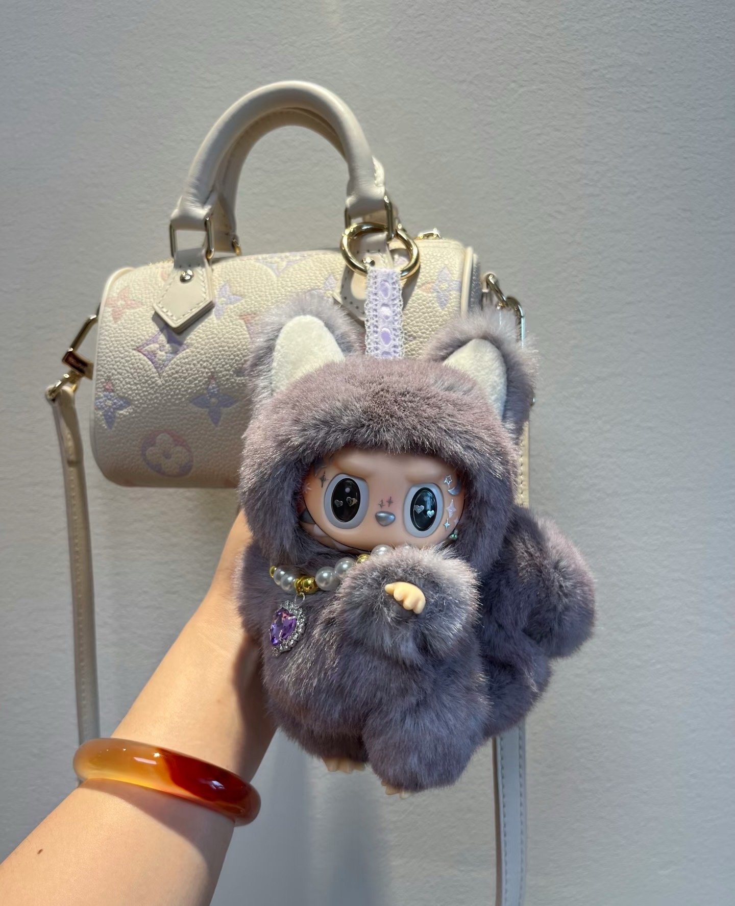 Pre-Order 18cm Custom Purple Fox Labubu With Necklace vinyl plush pendant