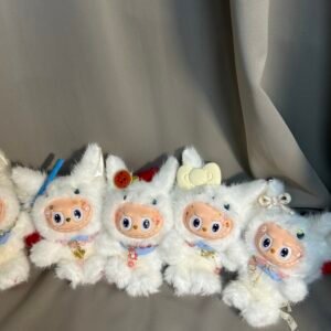 18cm Custom White Fox Labubu With Red Tail vinyl plush pendant