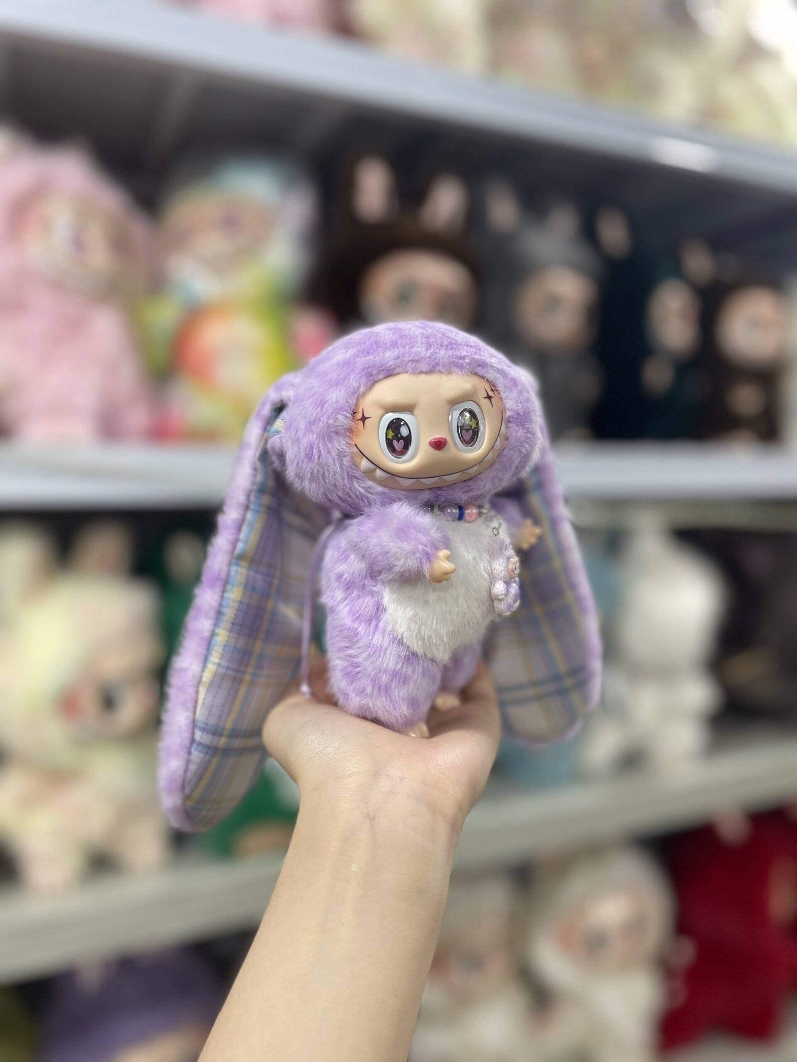 18cm Handmade Custom Purple Stripe bunny with sequins Labubu vinyl plush pendant