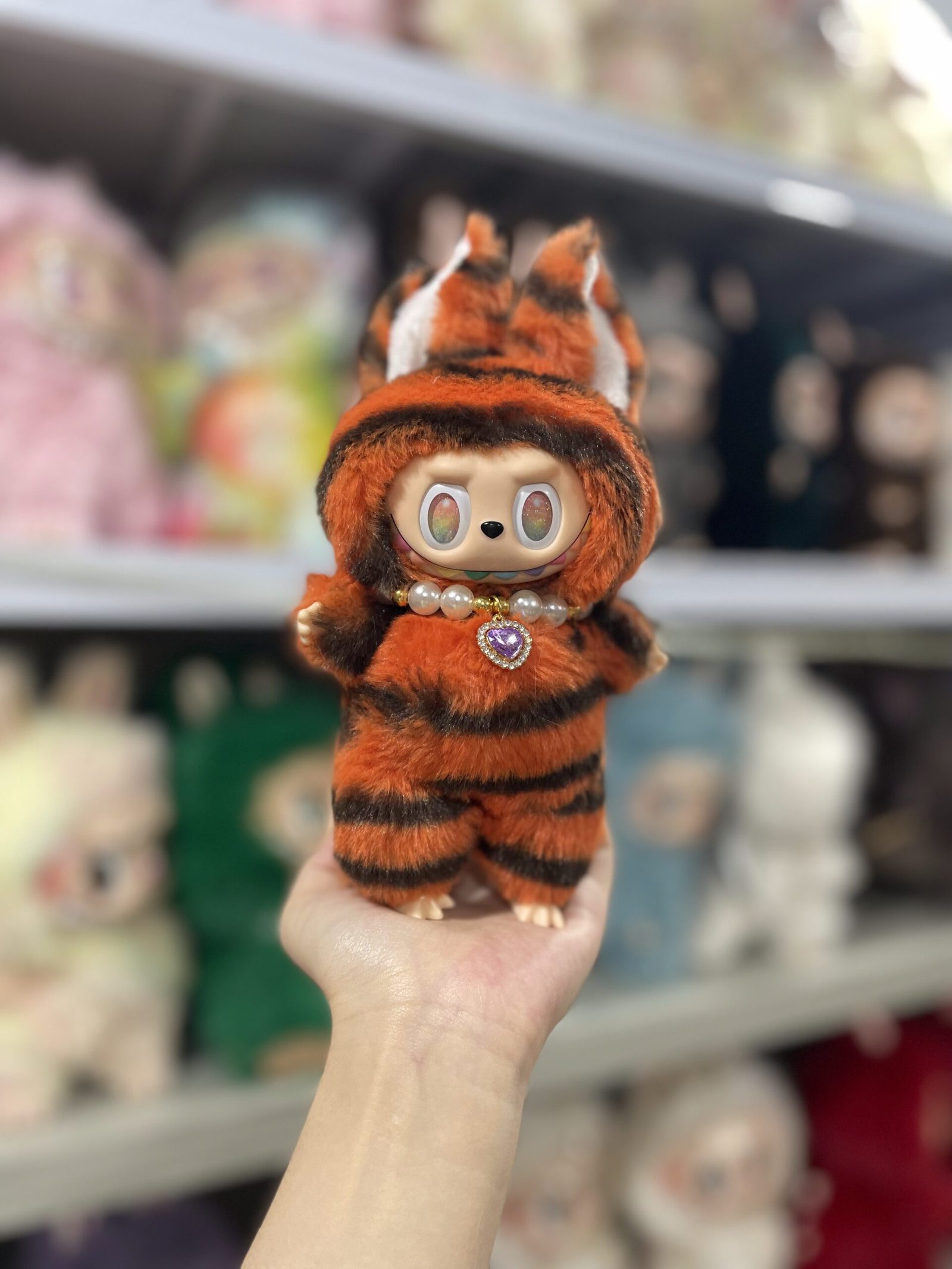 18cm Handmade Tiger Print Fox Labubu vinyl plush pendant