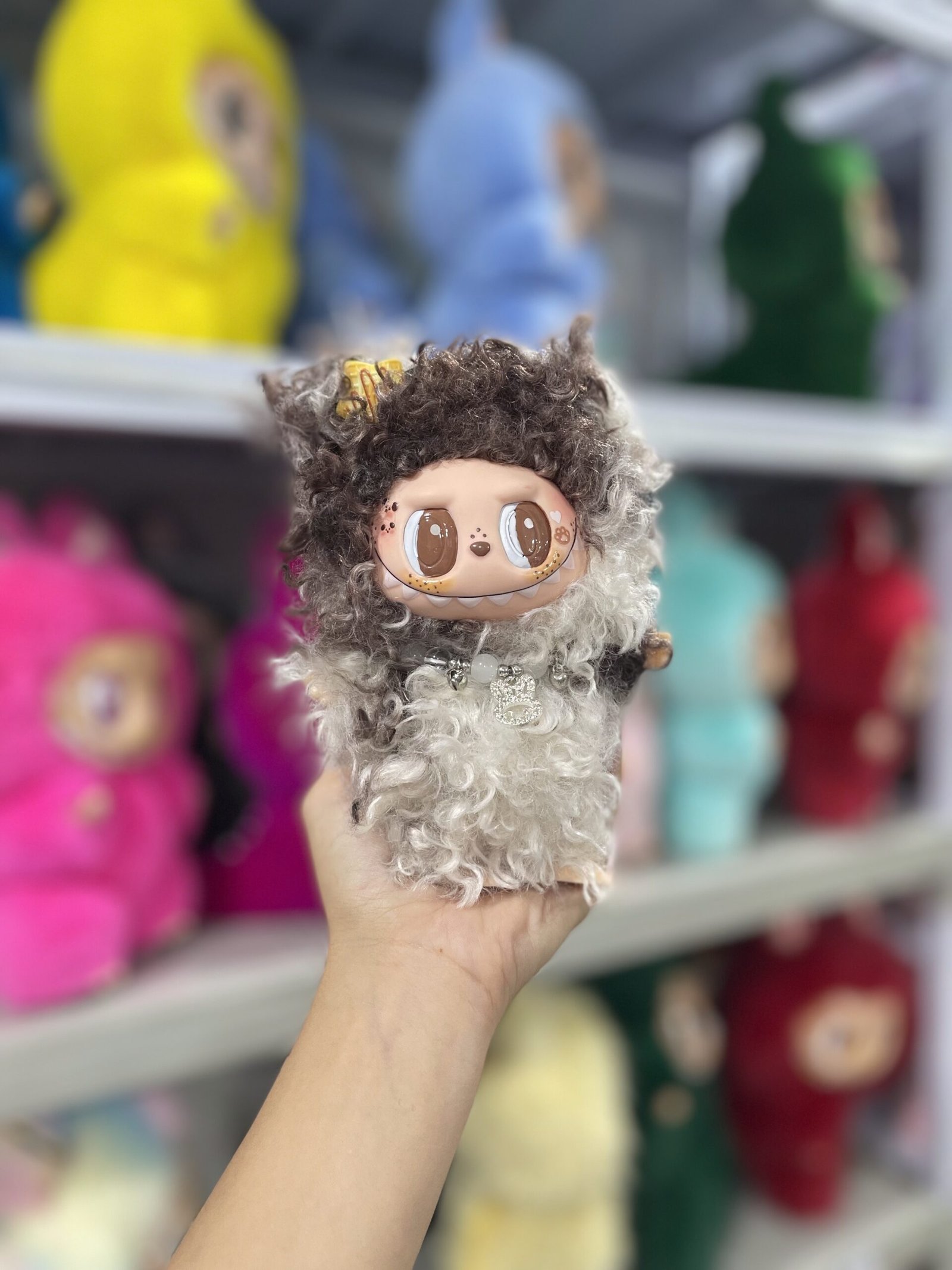 18cm Handmade Chocolate Curly Hair Labubu vinyl plush pendant