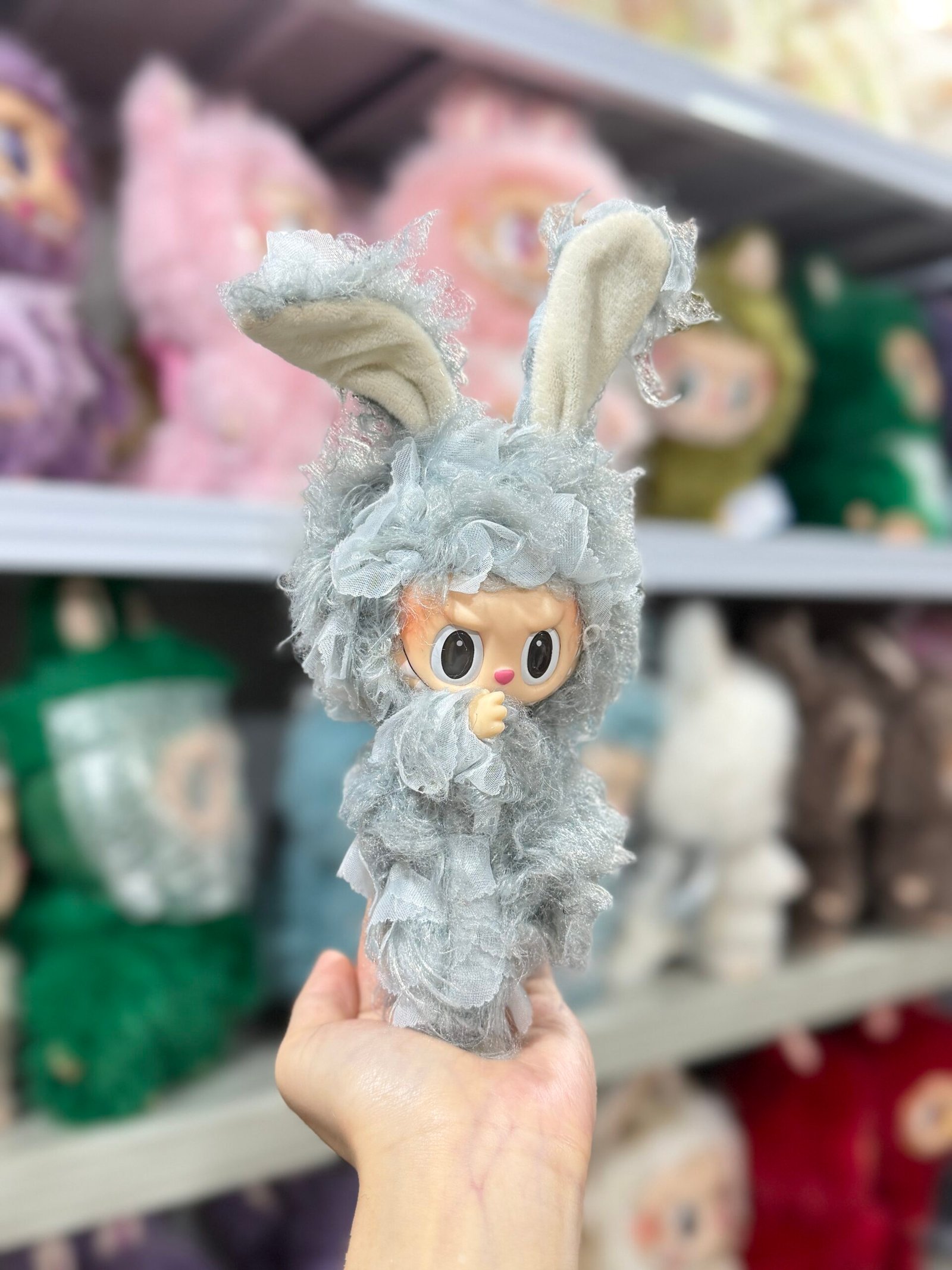 17cm Custom Curly Hair Grey Hair Labubu With Bow vinyl plush pendant