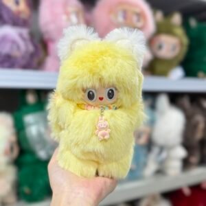17cm Custom Cream Yellow Bear Labubu With Bow vinyl plush pendant