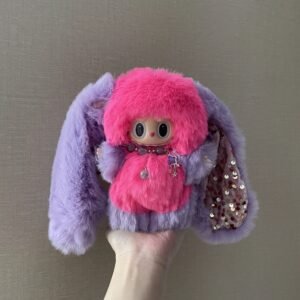 18cm Custom Sequins Lavender Long Ears Bunny Labubu With Sequin vinyl plush pendant