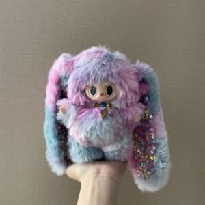 18cm Custom Sequins Powder blue Long Ears Bunny Labubu With Sequin vinyl plush pendant