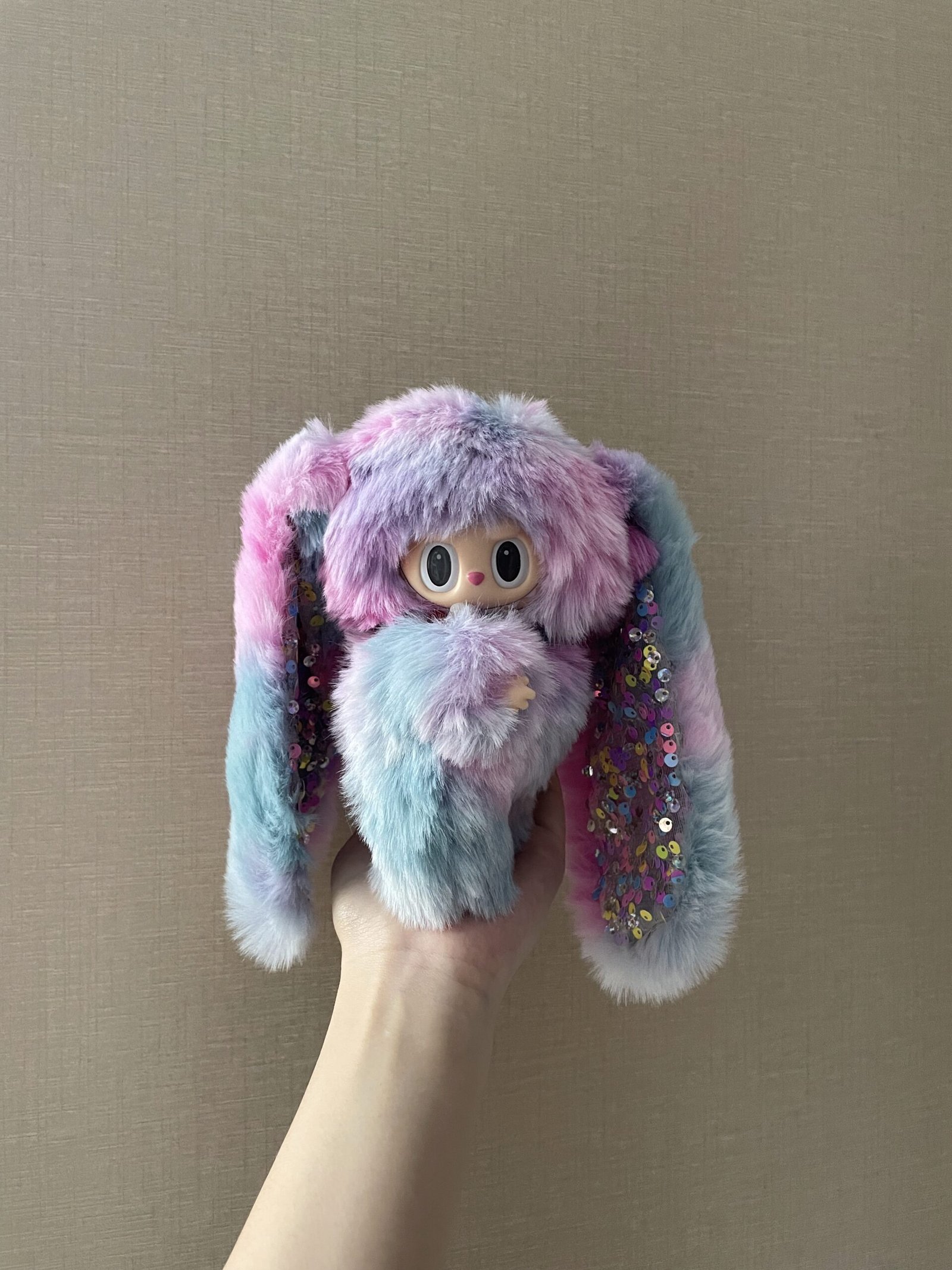 18cm Custom Sequins Powder blue Long Ears Bunny Labubu With Sequin vinyl plush pendant - Image 2