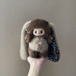 18cm Custom Sequins Brown Ears Bunny Labubu With Sequin vinyl plush pendant