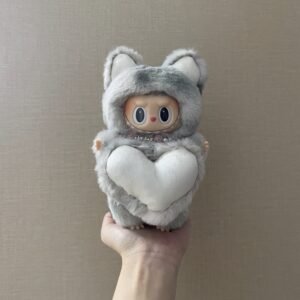 18cm Handmade Custom Grey Bear‌ with LV Magnetic Heart Labubu vinyl plush pendant