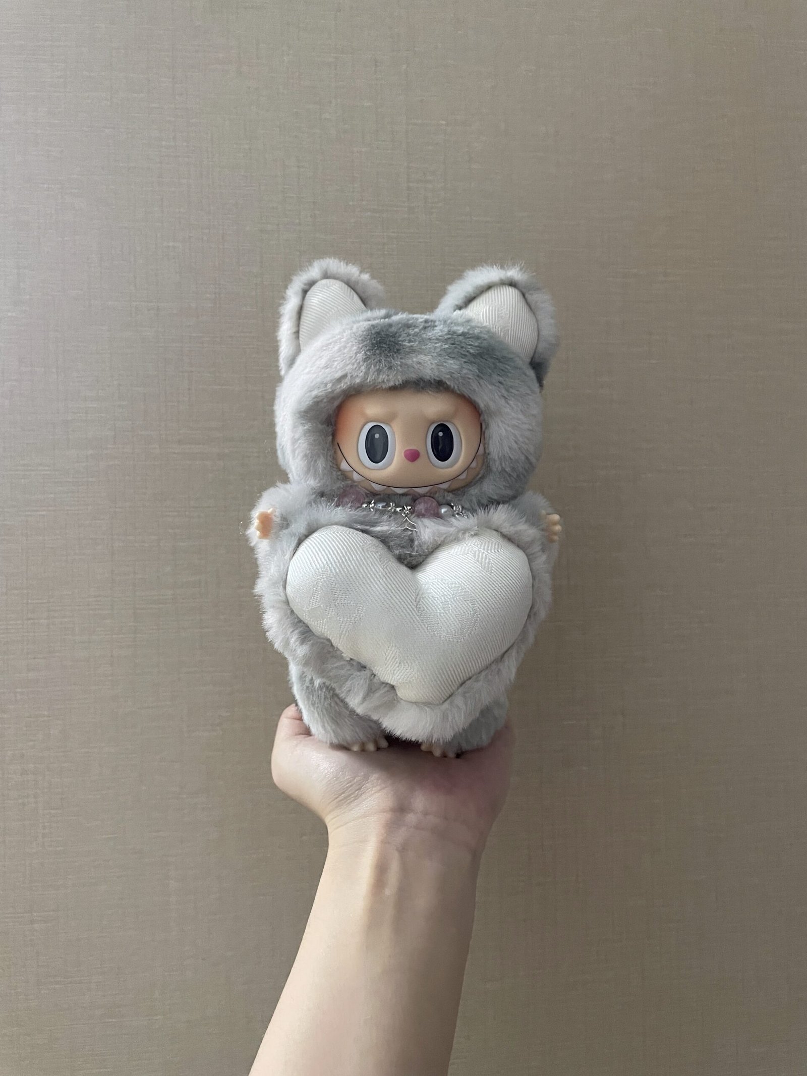 18cm Handmade Custom Grey Bear with LV Magnetic Heart Labubu vinyl plush pendant