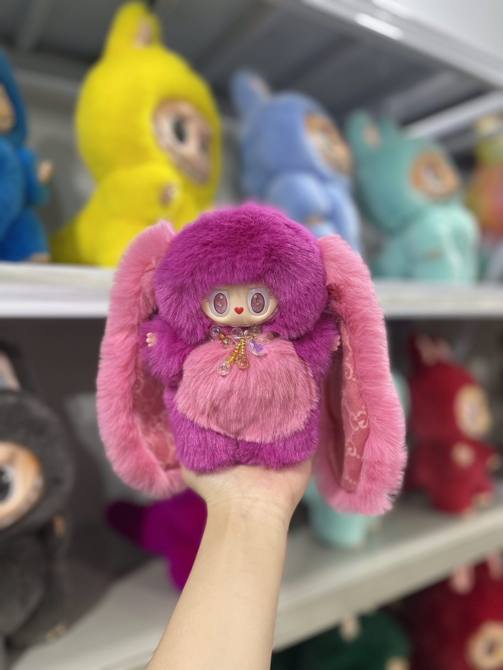 18cm Custom Rose pink Long Ears Bunny Labubu With Sequin vinyl plush pendant