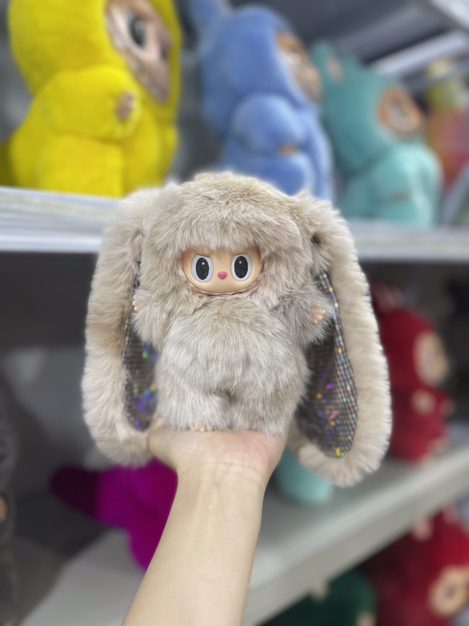 18cm Custom Grey Long Ears Bunny Labubu With Sequin vinyl plush pendant