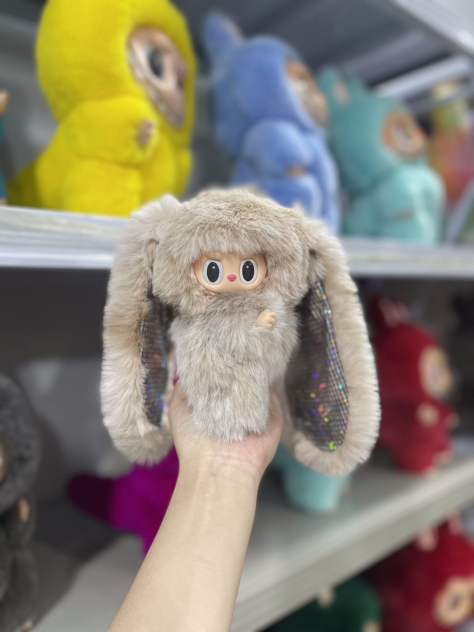 18cm Custom Grey Long Ears Bunny Labubu With Sequin vinyl plush pendant - Image 2