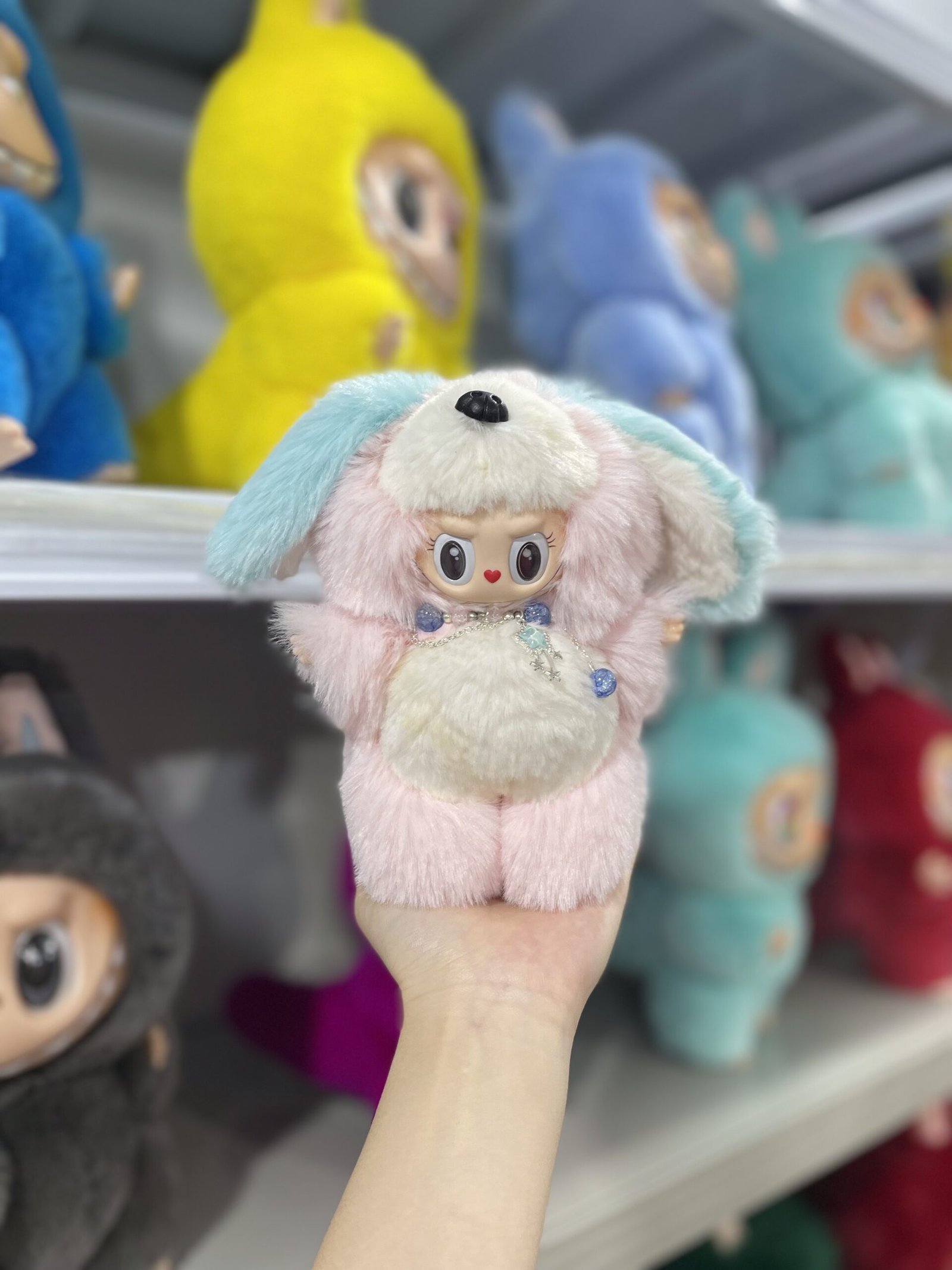 18cm Custom Pink and dark blue ears Dog Labubu vinyl plush pendant