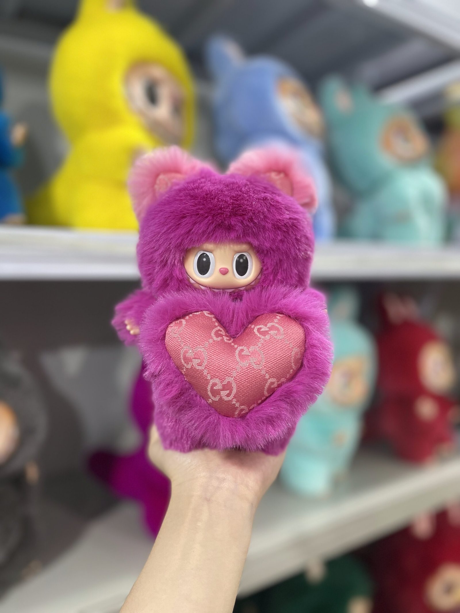 18cm Handmade Custom Rose red magnetic suction heart bear Labubu vinyl plush pendant