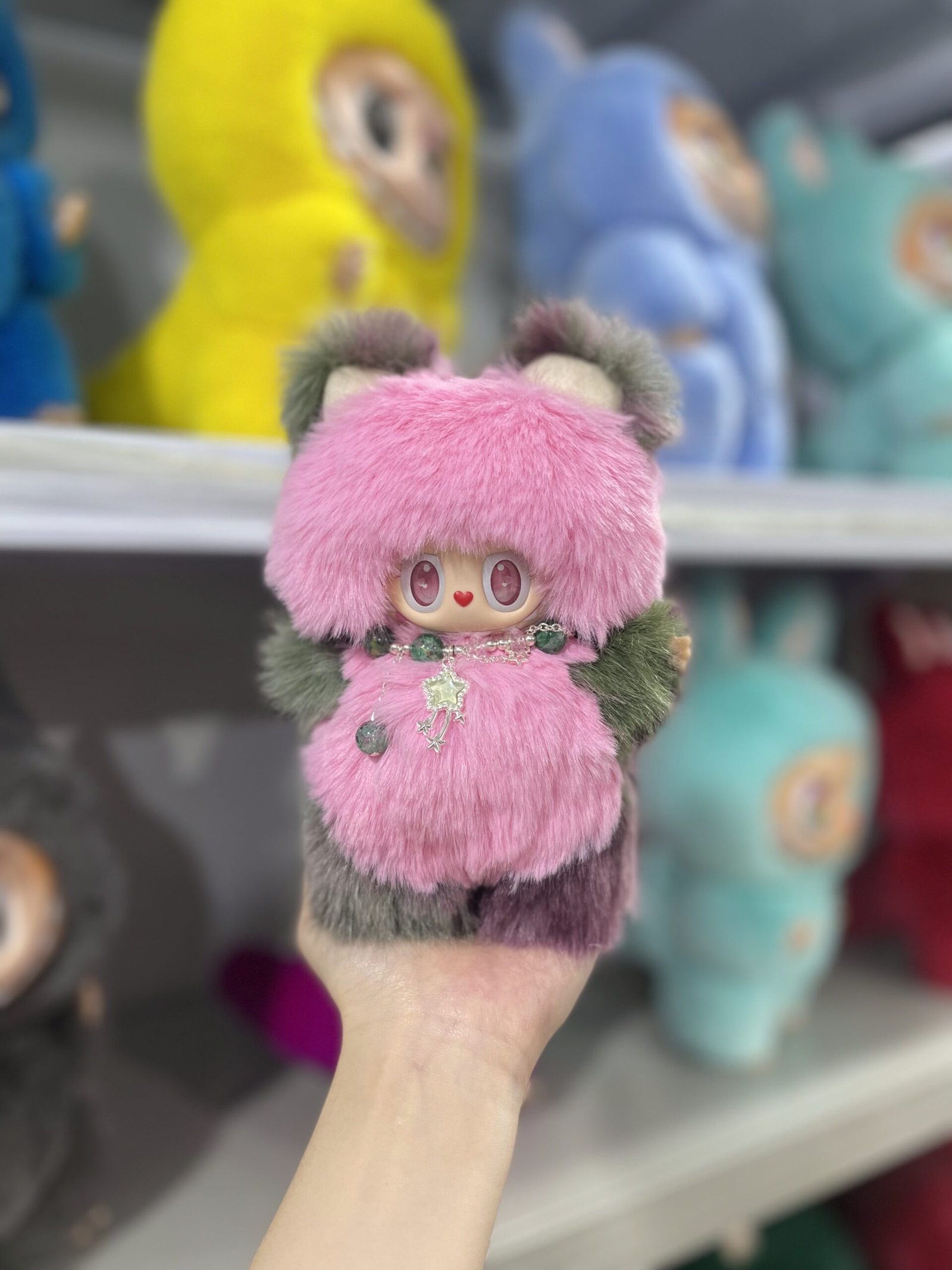 18cm Handmade Custom Pink velvet balls bear Labubu vinyl plush pendant