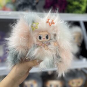 18cm Handmade Custom fluffy pink bunny with Magnetic Tail Labubu vinyl plush pendant