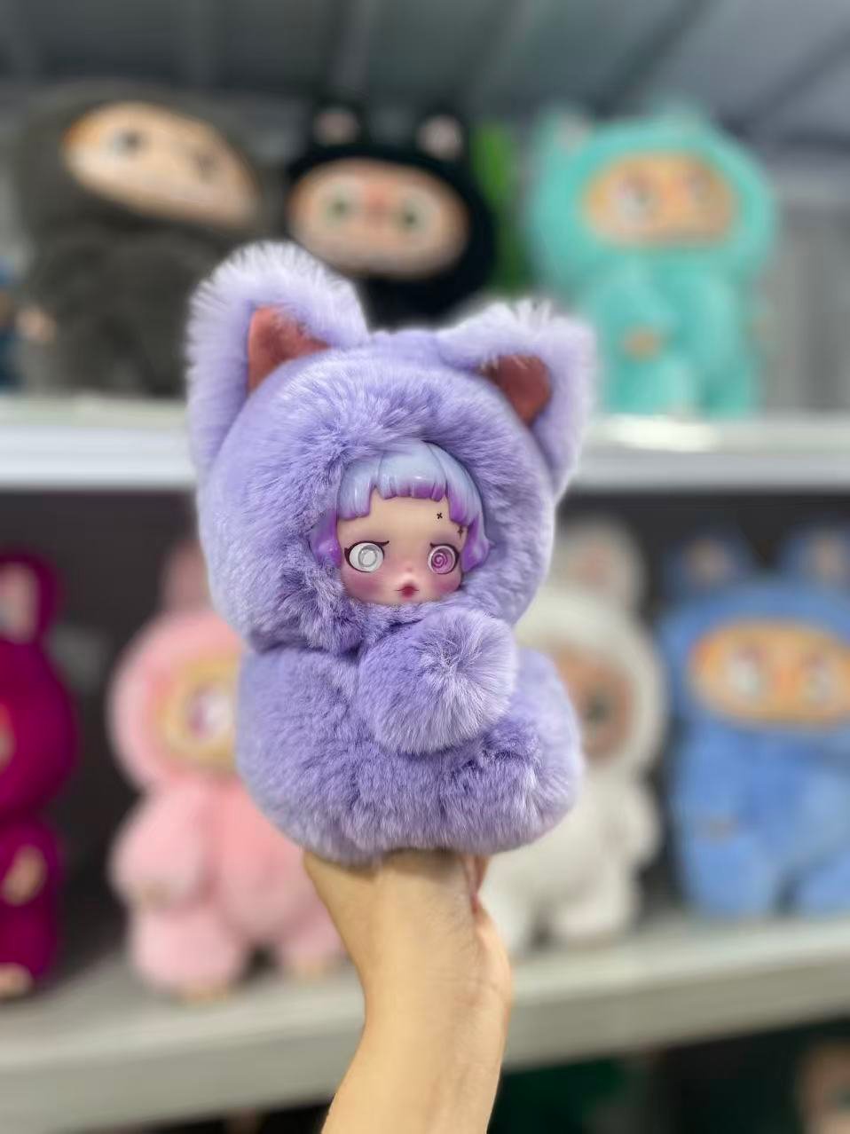 18cm Handmade Custom REAL FUR purple SP Labubu vinyl plush pendant - Image 2