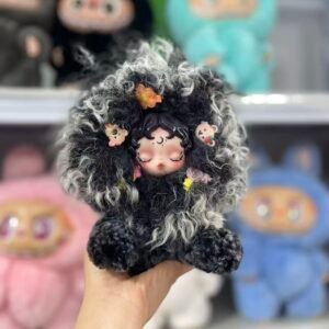 18cm Handmade Custom REAL FUR curly hair black SP Labubu vinyl plush pendant