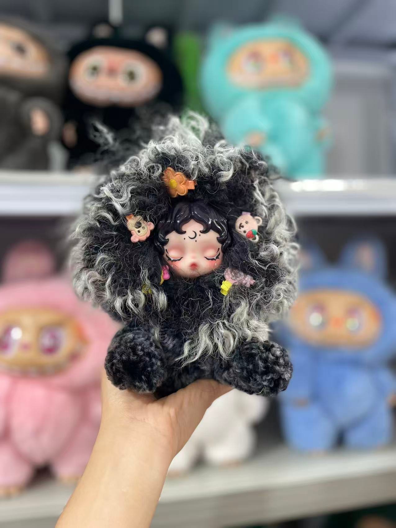 18cm Handmade Custom REAL FUR curly hair black SP Labubu vinyl plush pendant