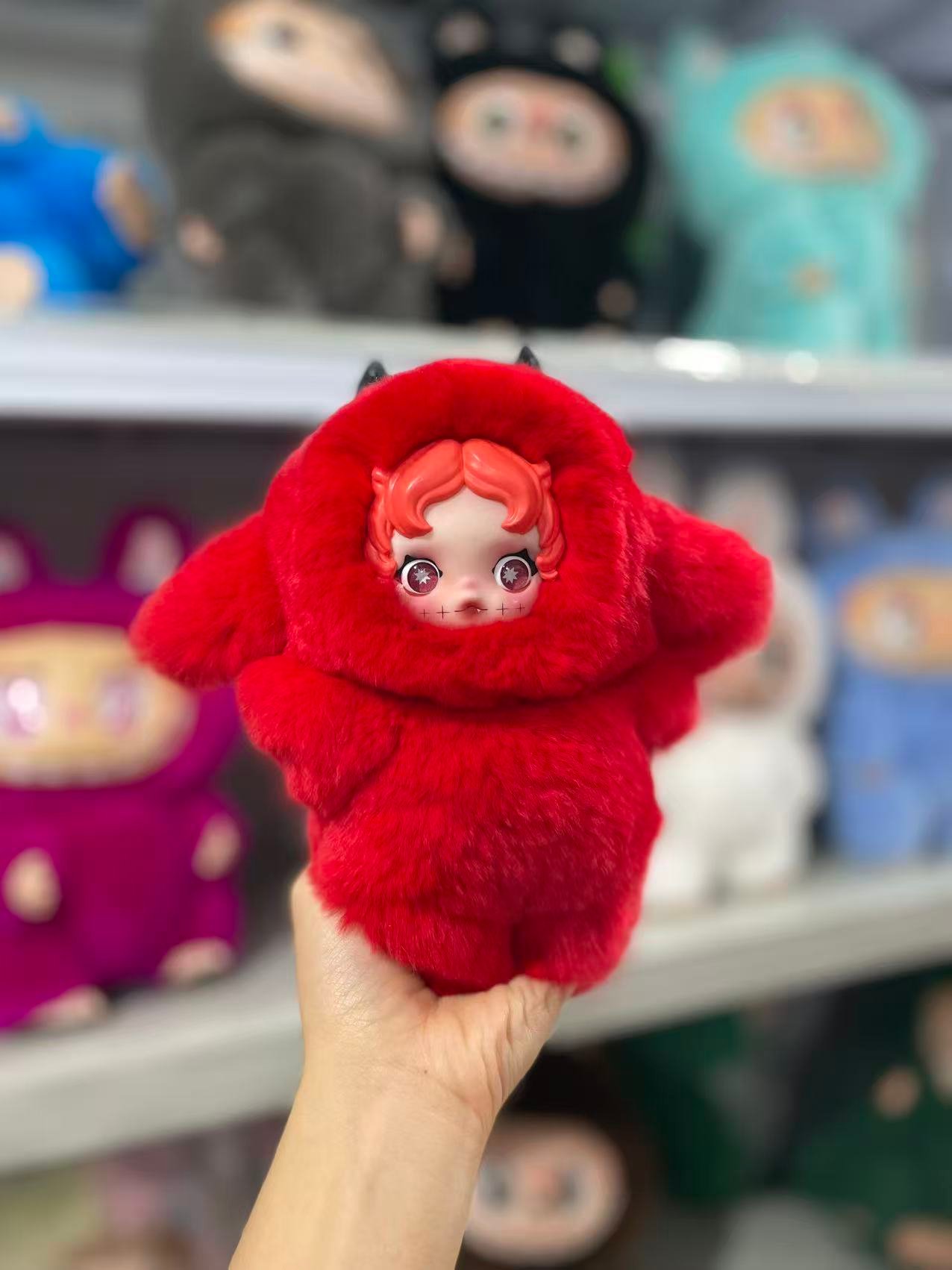 18cm Handmade Custom REAL FUR red SP Labubu vinyl plush pendant