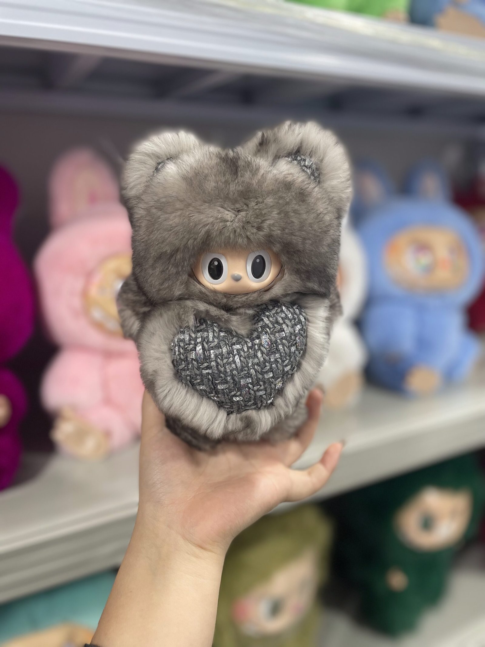 18cm Handmade Custom REAL FUR magnetic heart grey bear vinyl plush pendant - Image 2