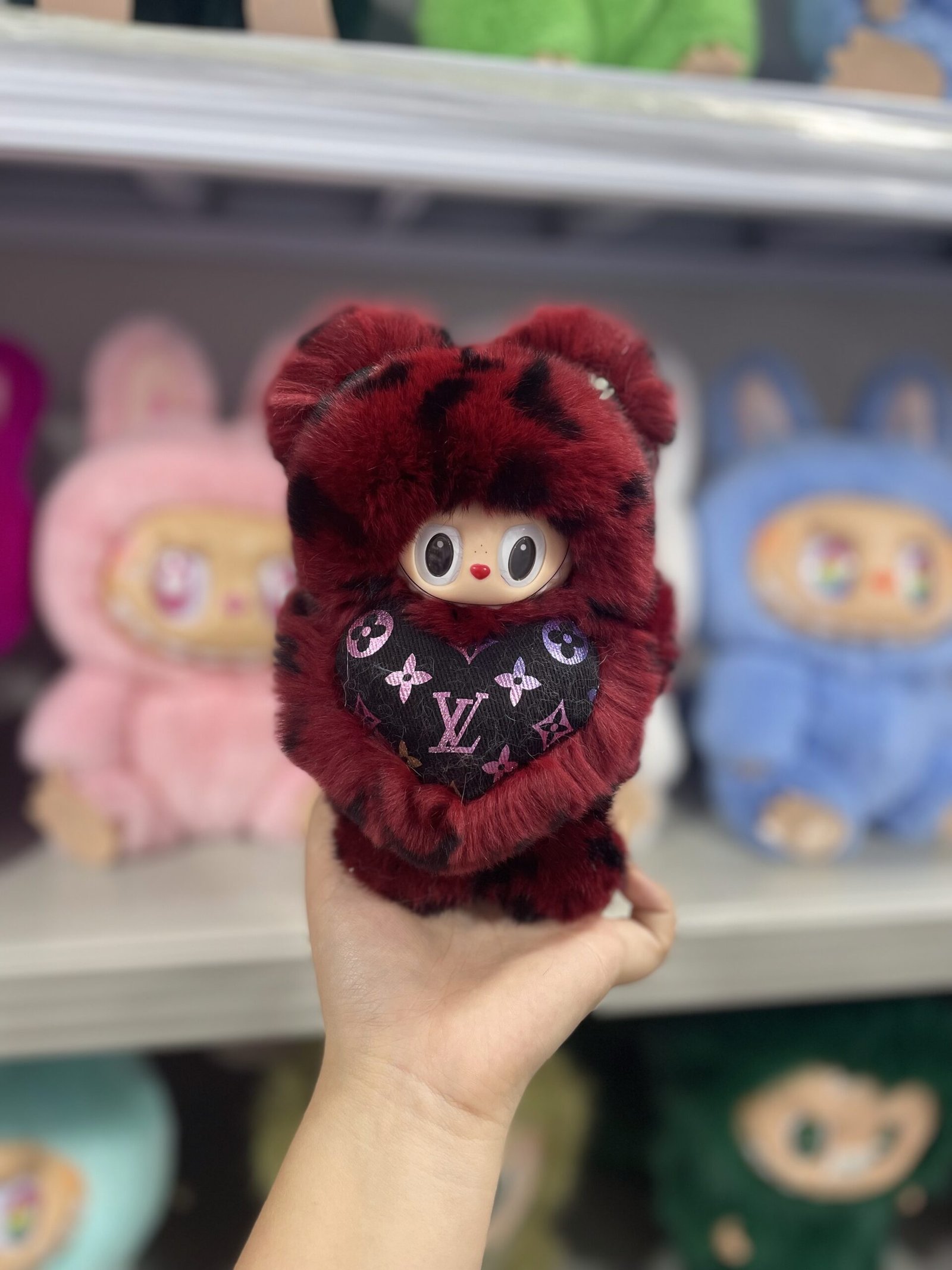 18cm Handmade Custom REAL FUR magnetic heart red lv bear vinyl plush pendant
