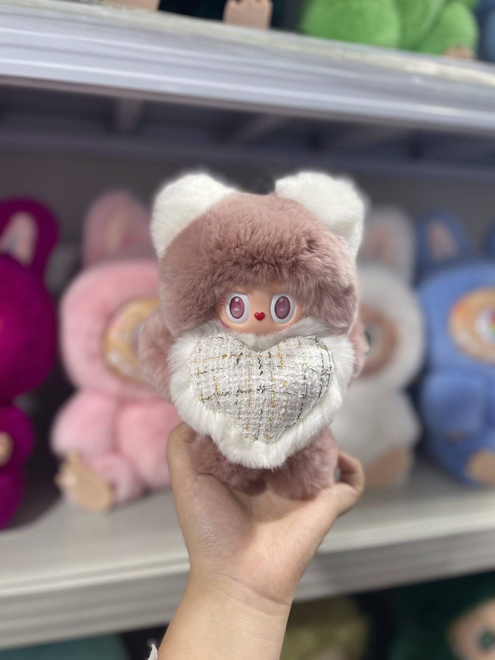 18cm Handmade Custom REAL FUR magnetic heart pink white bear vinyl plush pendant