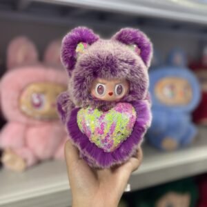 18cm Handmade Custom REAL FUR magnetic heart purple standing bear vinyl plush pendant