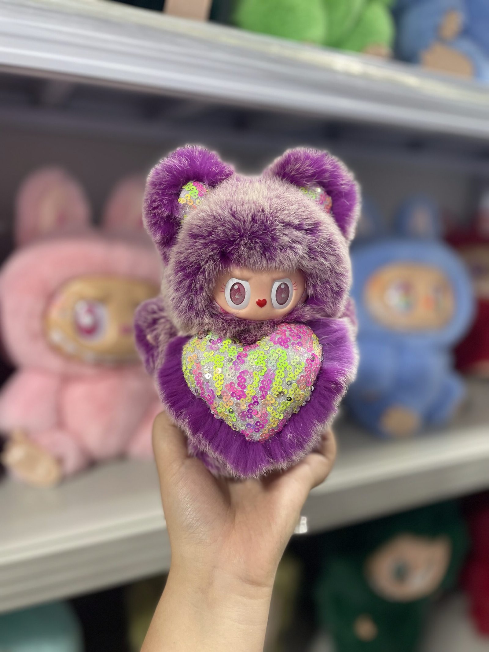 18cm Handmade Custom REAL FUR magnetic heart purple standing bear vinyl plush pendant