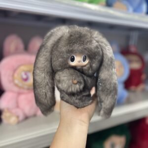 18cm Handmade Custom REAL FUR dark gray bunny vinyl plush pendant