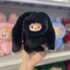 18cm Handmade Custom REAL FUR pure black bunny vinyl plush pendant