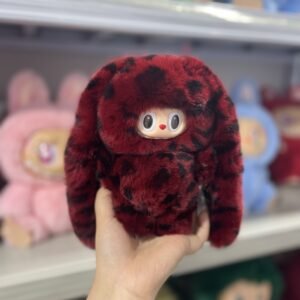 18cm Handmade Custom REAL FUR red leopard printed sequins ear bunny vinyl plush pendant